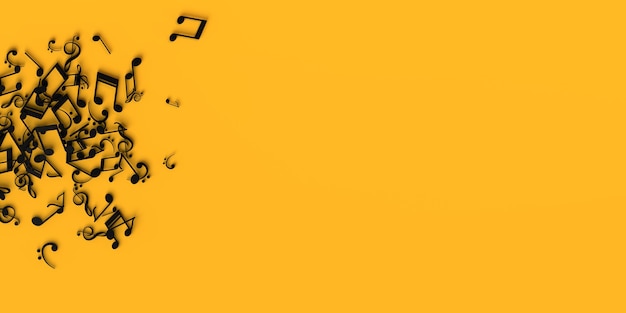 Musical notes on yellow background. Copy space. 3D illustration.