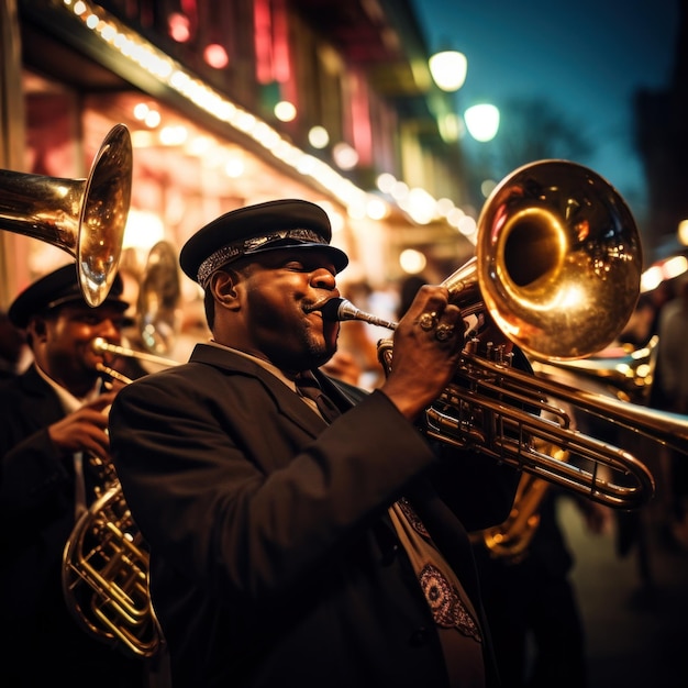 Photo musical shot of brass bands and other musicians performing in streets during mardi gras celebrations