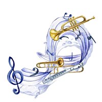 Foto simboli musicali e illustrazione dell'acquerello dello strumento musicale del vento isolata su bianco