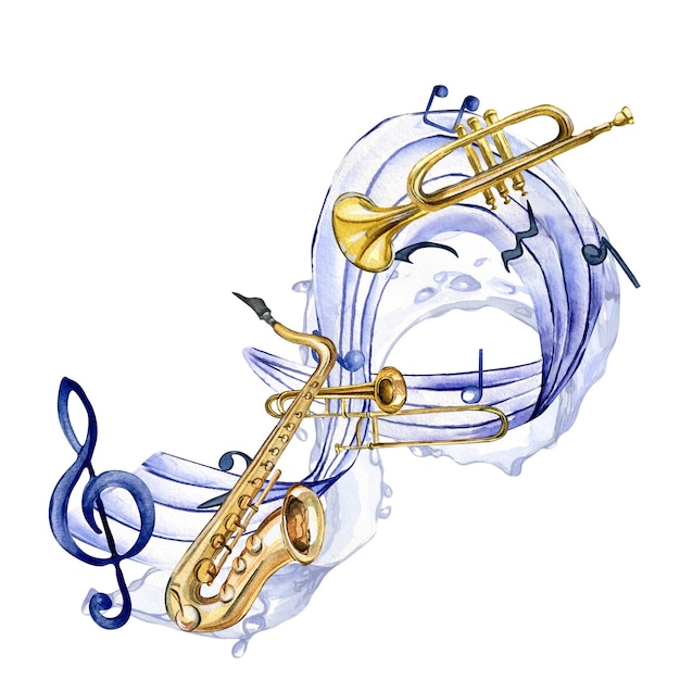 Musical symbols and wind musical instrument watercolor illustration isolated on white