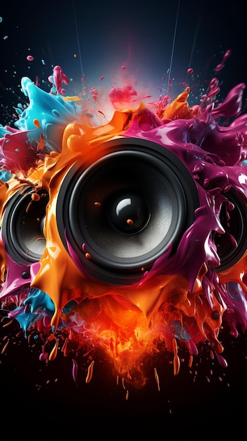 Photo musical vibrancy sound notes and vibrant hues envelop the music speaker vertical mobile wallpaper