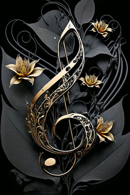 Musical Vintage floral design in abstract baroque style.Ai generated.Treble clef and musical notes.