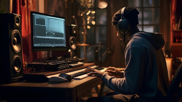 A musician composing and recording music on a computer