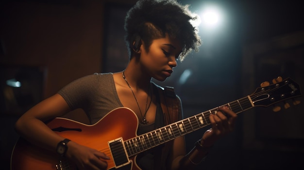 Musician Female AfricanAmerican Young Adult Playing guitar in Recording studio Generative AI AIG22