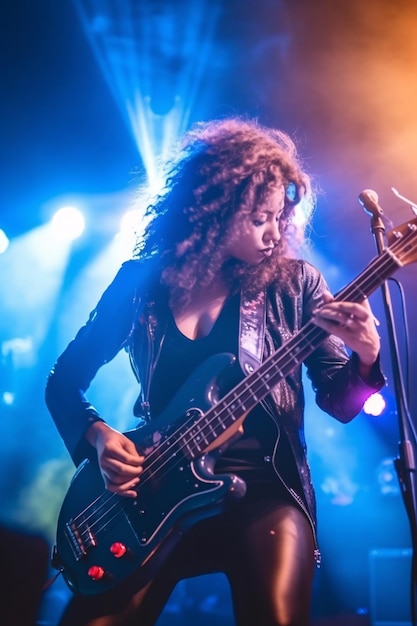 Musician girl with guitar on stage