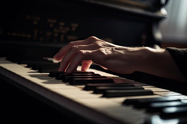 음악가가 피아노 키보드에 손을 대고 있습니다. 클래식 음악 악기 Generative AI