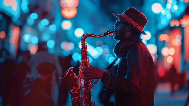 Photo a musician is playing the saxophone in a club he is wearing a hat and sunglasses the background is blurred with blue and purple lights