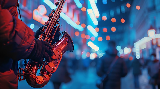 Photo a musician is playing the saxophone in a crowded street at night