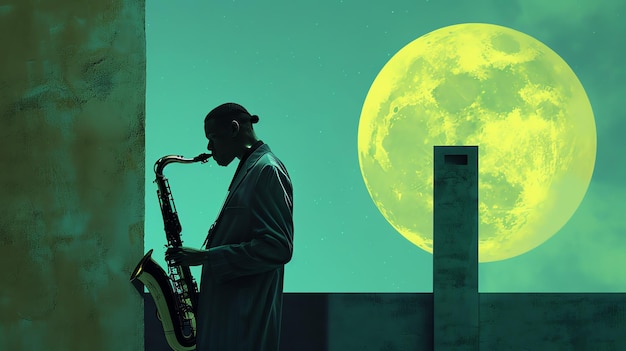 Foto un musicista sta suonando il sassofono su un tetto sotto la luna piena l'immagine è bagnata da una luce blu-verde