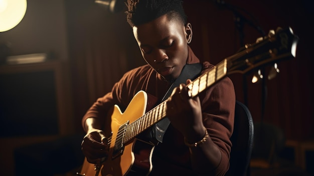 Photo musician male africanamerican 30s playing guitar in recording studio generative ai aig22