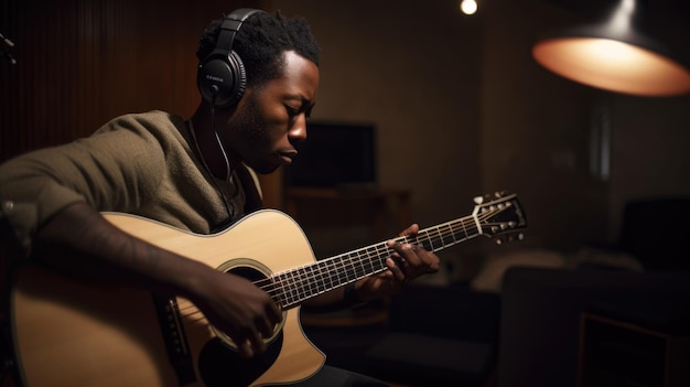 Музыкант мужчина афроамериканец 30 лет играет на гитаре в студии звукозаписи Generative AI AIG22
