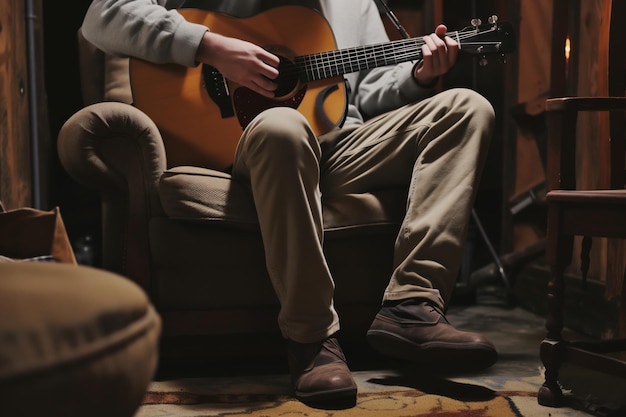 사진 지하실 의자 에 앉아 있는 어쿠스틱 기타 를 연주 하는 음악가