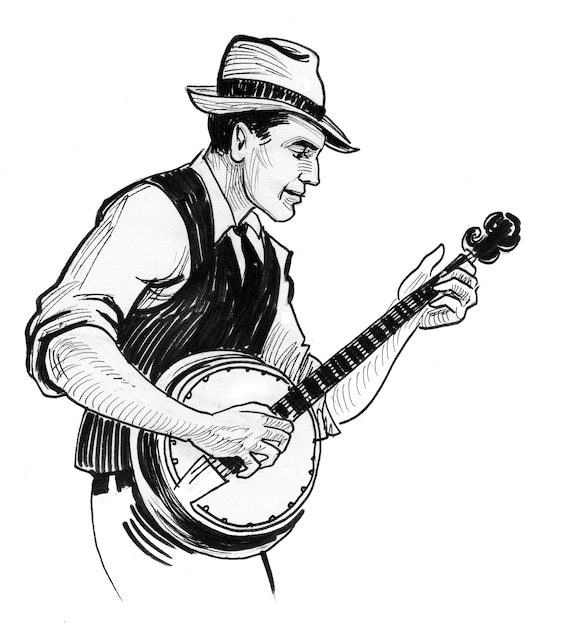 Musician playing banjo. Ink black and white drawing