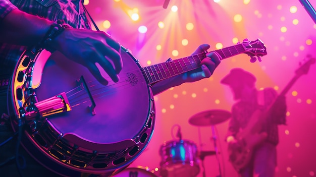 Foto un musicista che suona il banjo sul palco con una band sullo sfondo il palco è illuminato da luci rosa e viola