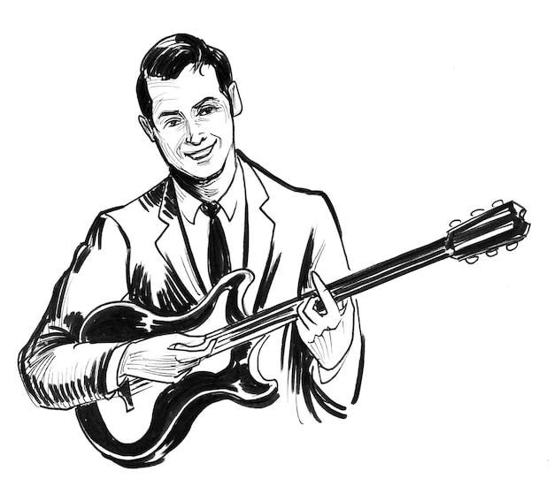 일렉트릭 기타를 연주하는 음악가. 잉크 흑백 그림