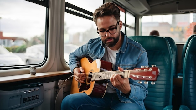 Foto musicista che suona la chitarra in un vagone