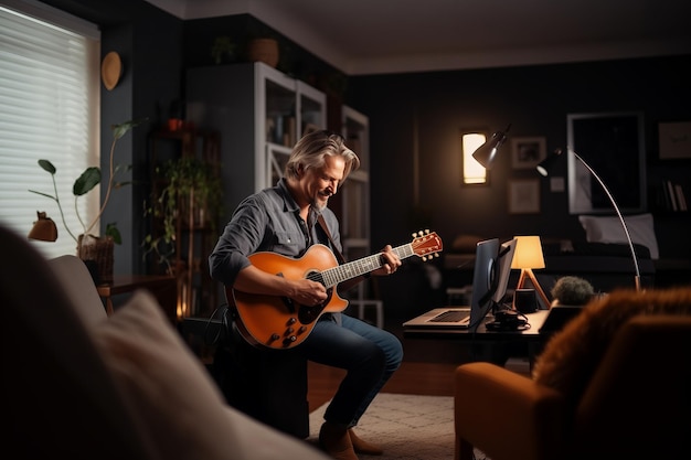 Foto musicista che suona la chitarra durante un concerto online a casa