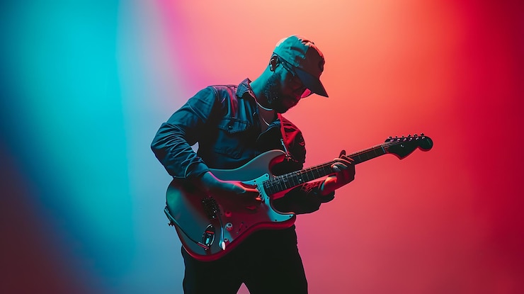 Photo musician playing guitar on stage