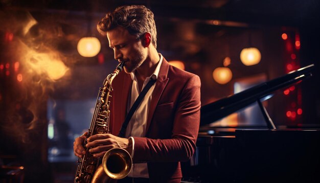 A musician playing saxophone in front of a piano