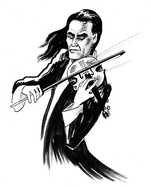 Musician playing violin. Ink black and white drawing