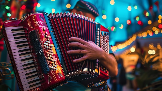 Photo a musician plays the accordion at a lively outdoor festival the accordion is red and black with floral decorations