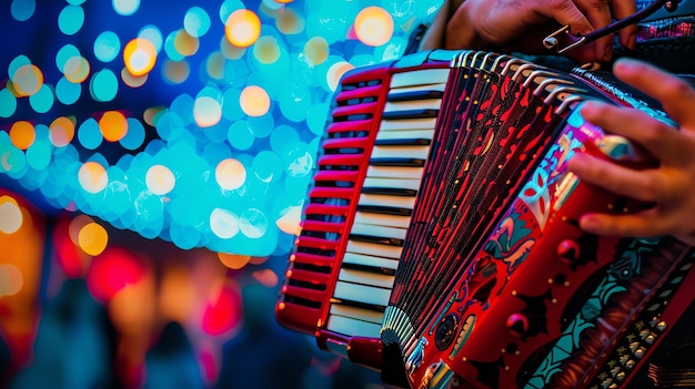 Photo a musician plays the accordion in a vibrant atmosphere