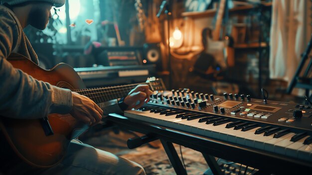 A musician plays an acoustic guitar in a home studio He is wearing headphones and there is a keyboard and other music equipment in the background