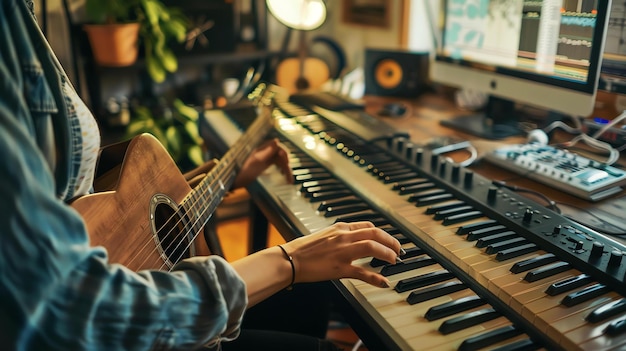 A musician plays an acoustic guitar and a synthesizer in a home studio The musician is wearing a blue shirt and has long brown hair