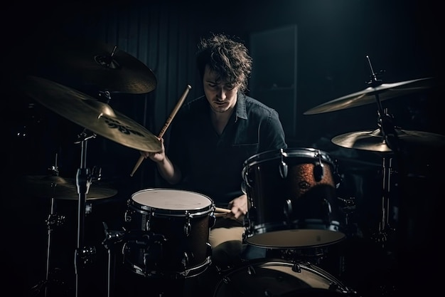 ミュージシャンが暗い背景でドラムのドラマーを演奏する Generative AI