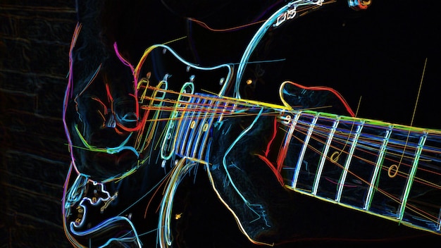 음악가는 기타를 연주합니다. 추상적 인 색 네온 그림.