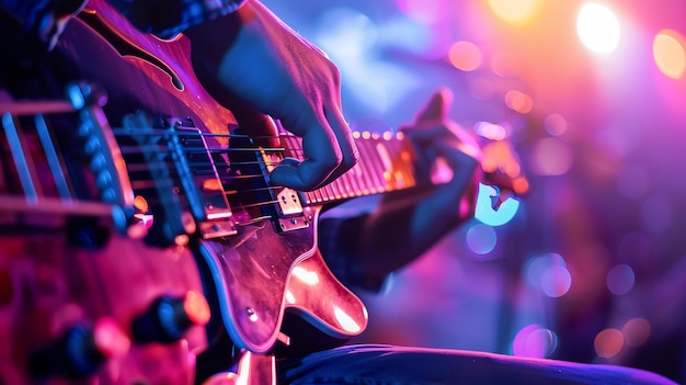 라이브 콘서트 중 무대에서 기타를 연주하는 음악가 이미지는 에너지와 흥분으로 가득 차 있으며 색은 활기차고 눈에 띄습니다.