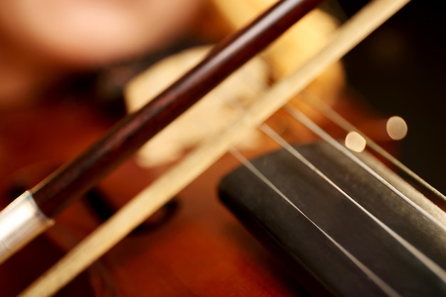 Photo musician plays violin on black background close up