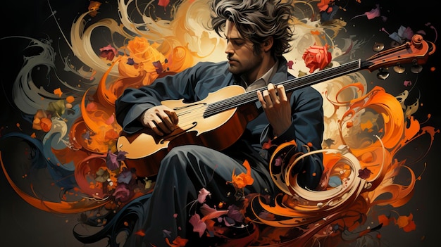 A musician represented by a whirlwind of musical notes and instruments