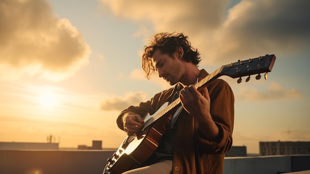 a musician on a rooftop shot from a low angle bathed in the warm