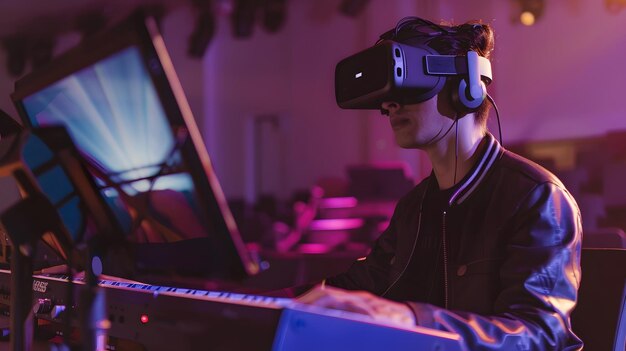 Foto musicista che usa cuffie di realtà virtuale per la produzione musicale nello stile dei giovani artisti britannici