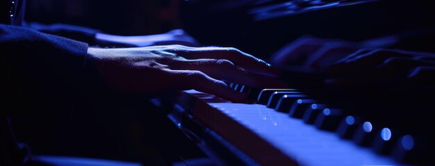 Musicians Hands on Piano Keyboard in Blue Light