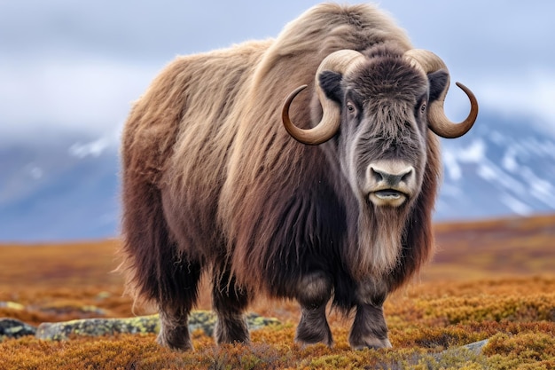 Musk ox on a pasture in the wild