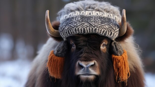 Photo a musk ox in small knitted hat ar wallpaper