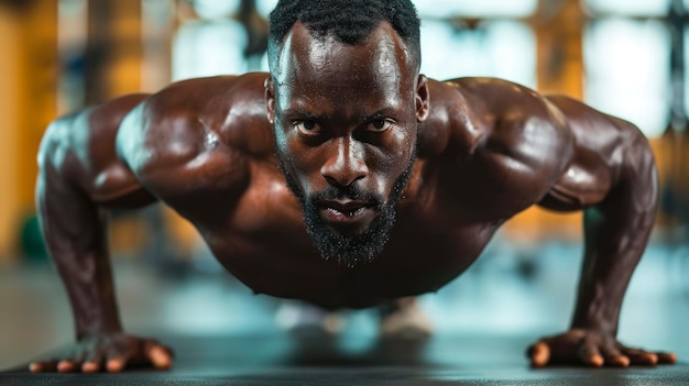 Muskelachtige zwarte man die pushups doet in de sportschool.