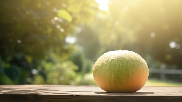 A muskmelon on a wooden table in the garden