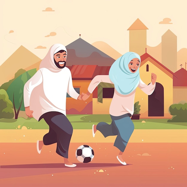 Muslim arab children playing soccer football style children book illustration ai generated