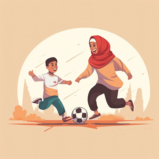 Muslim Arab children Playing Soccer Football style children book illustration AI Generated