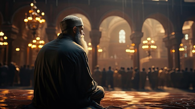 A Muslim Arab man prays in the temple of the mosque to God God and reads the Koran