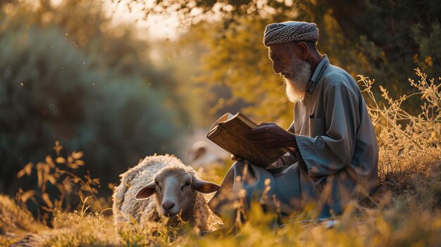 Photo muslim arab man reading a prayer in front of the sheep before the sacrifice during the eid alfitr