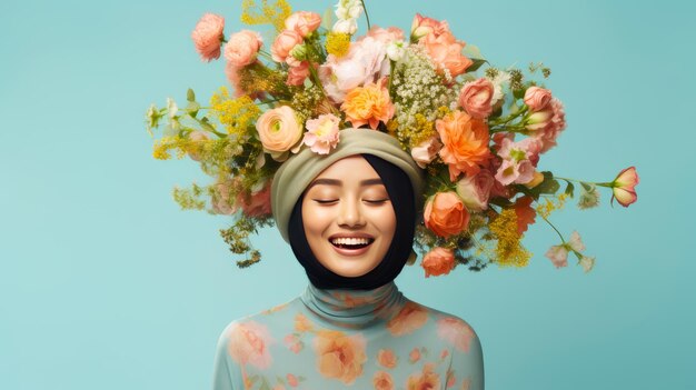 Muslim Asian woman with head covered with spring flowers on blue background