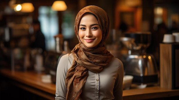 Photo muslim barista standing beside the coffee machine