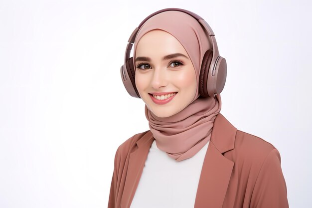 Photo a muslim beautiful woman wearing headphones and smiling isolated on white background