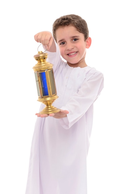 Muslim Boy Celebrating Ramadan with Festive Lantern