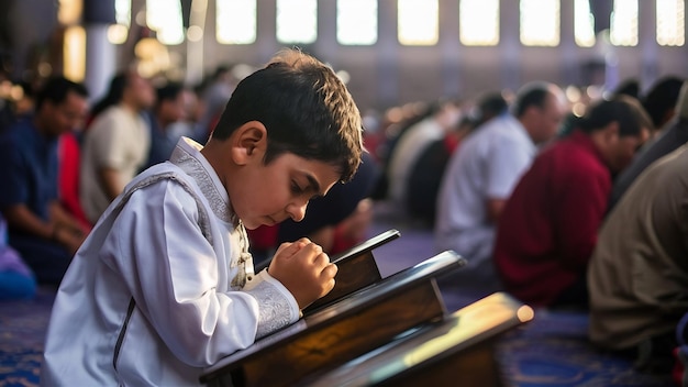 Muslim boy having worship and praying for fasting and eid of islamic culture in mosque