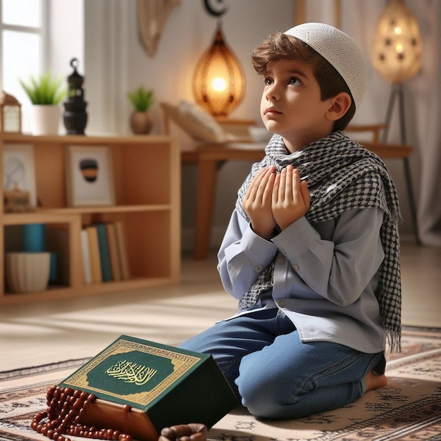 イスラム教徒の少年がアッラーに祈りを唱える方法を学ぶ